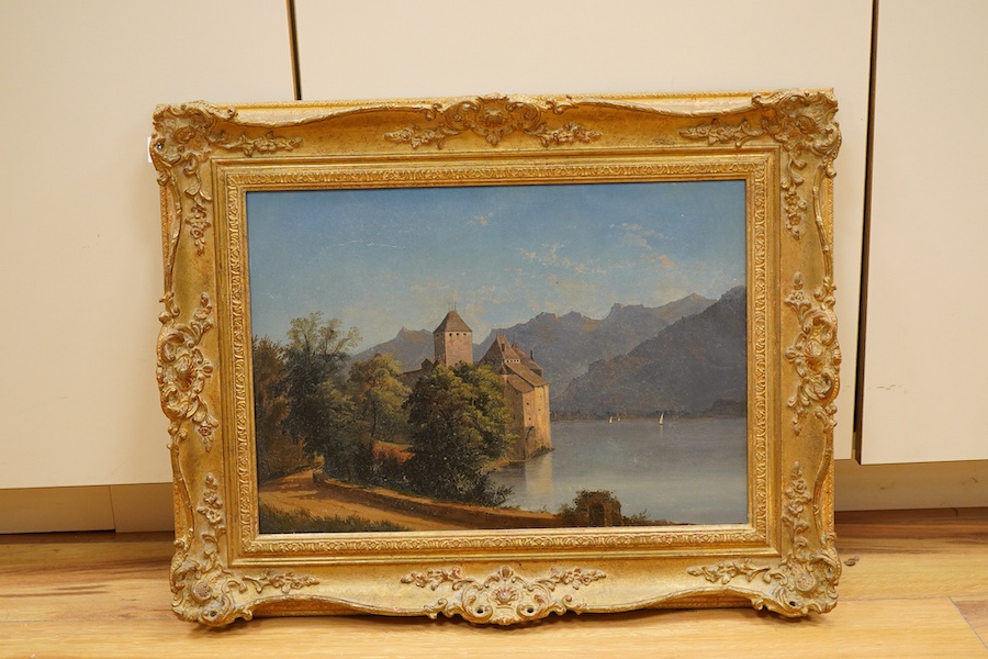 Continental School, Lakeside view with villas, unsigned, oil on board, 30 x 43cm, ornate gilt frame